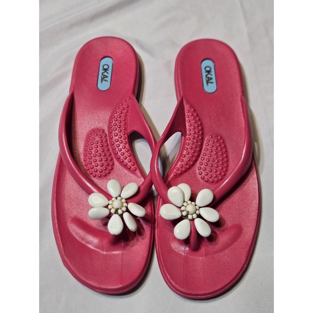 Oka-B Womens Thong Flip Flops Pink White Flower Size M (7-8) Made USA Rubber